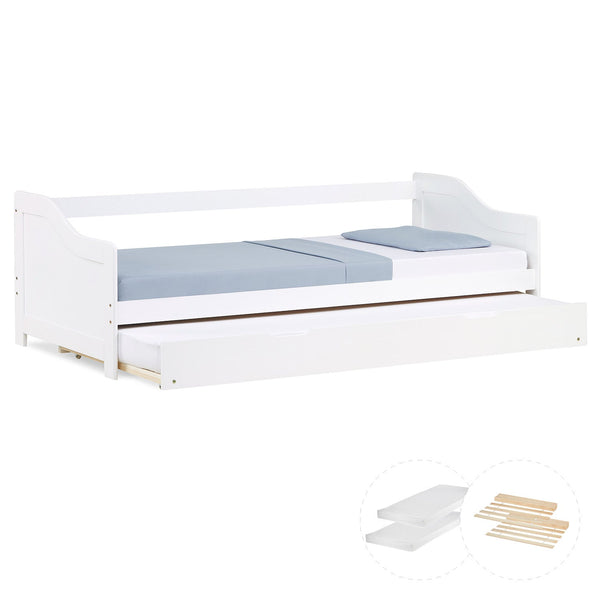 Holzbett 90x200 cm Weiss | ausziehbar | Koje | mit Matratze | Ausziehbett Duo-Bett Funktionsbett