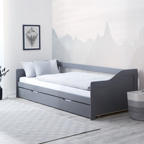 Holzbett 90x200 cm Grau | ausziehbar | Koje | mit Matratze | Kind Jugend Gast