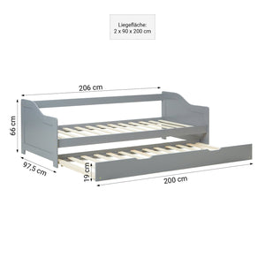 Holzbett 90x200 cm Grau | ausziehbar | Koje | mit Matratze | Kind Jugend Gast