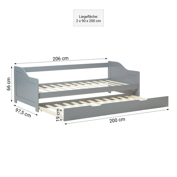 Holzbett 90x200 cm Grau | ausziehbar | Koje | mit Matratze | Kind Jugend Gast