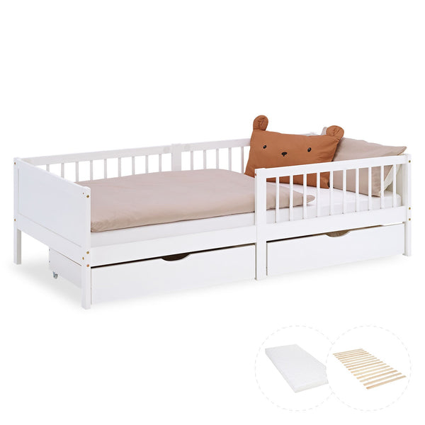 Kinderbett 90x200 cm Weiss | Holzbett mit Matratze | 2 Bettkästen | Rausfallschutz