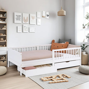 Kinderbett 90x200 cm Weiss | Holzbett mit Matratze | 2 Bettkästen | Rausfallschutz