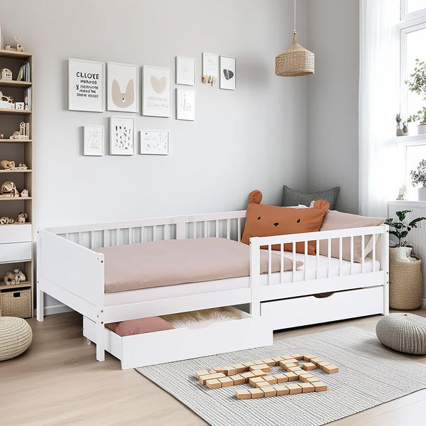 Kinderbett 90x200 cm Weiss | Holzbett mit Matratze | 2 Bettkästen | Rausfallschutz