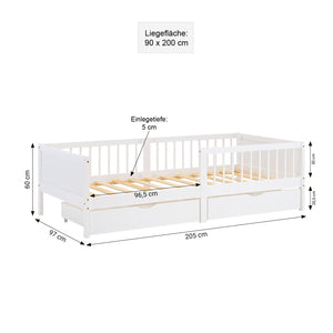 Kinderbett 90x200 cm Weiss | Holzbett mit Matratze | 2 Bettkästen | Rausfallschutz