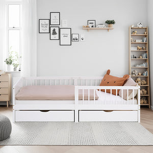 Kinderbett 90x200 cm Weiss | Holzbett mit Matratze | 2 Bettkästen | Rausfallschutz