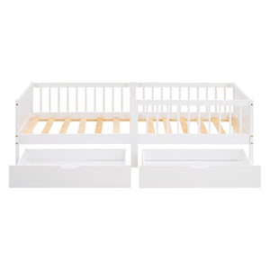 Kinderbett 90x200 cm Weiss | Holzbett mit Matratze | 2 Bettkästen | Rausfallschutz