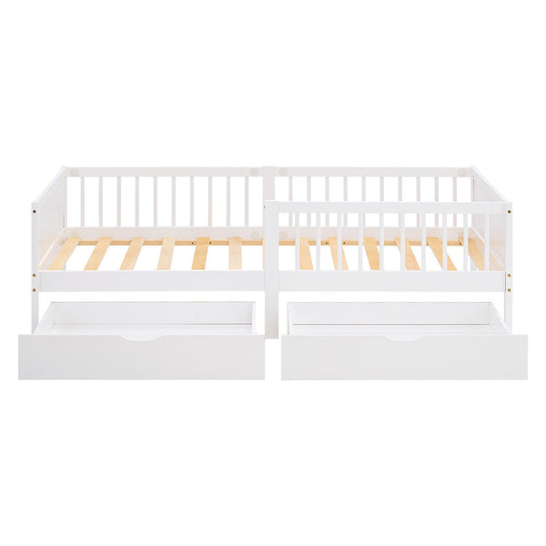 Kinderbett 90x200 cm Weiss | Holzbett mit Matratze | 2 Bettkästen | Rausfallschutz