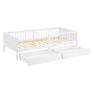 Kinderbett 90x200 cm Weiss | Holzbett mit Matratze | 2 Bettkästen | Rausfallschutz