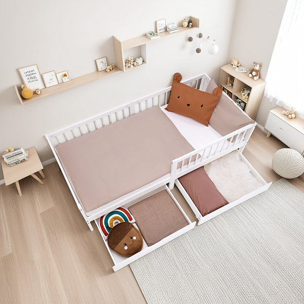 Kinderbett 90x200 cm Weiss | Holzbett mit Matratze | 2 Bettkästen | Rausfallschutz