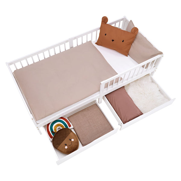 Kinderbett 90x200 cm Weiss | Holzbett mit Matratze | 2 Bettkästen | Rausfallschutz