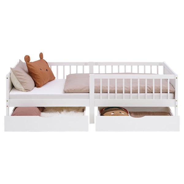 Kinderbett 90x200 cm Weiss | Holzbett mit Matratze | 2 Bettkästen | Rausfallschutz