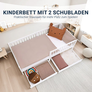 Kinderbett 90x200 cm Weiss | Holzbett mit Matratze | 2 Bettkästen | Rausfallschutz