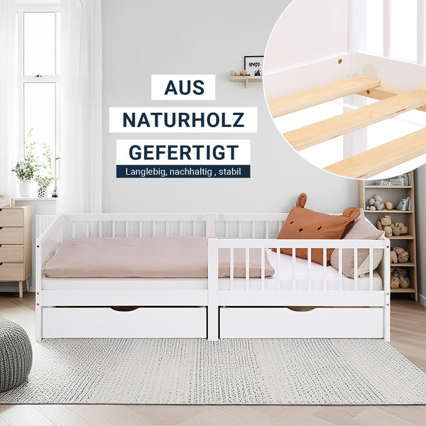 Kinderbett 90x200 cm Weiss | Holzbett mit Matratze | 2 Bettkästen | Rausfallschutz