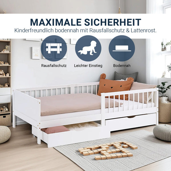 Kinderbett 90x200 cm Weiss | Holzbett mit Matratze | 2 Bettkästen | Rausfallschutz