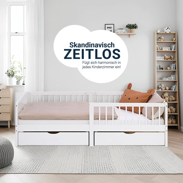 Kinderbett 90x200 cm Weiss | Holzbett mit Matratze | 2 Bettkästen | Rausfallschutz