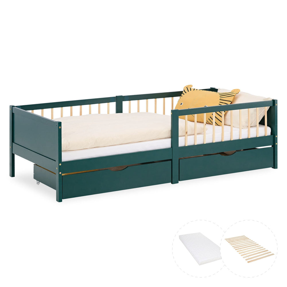 Kinderbett 90x200 cm Grün | Holzbett mit Matratze | 2 Bettkästen | Rausfallschutz