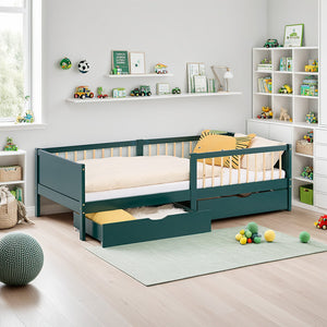 Kinderbett 90x200 cm Grün | Holzbett mit Matratze | 2 Bettkästen | Rausfallschutz