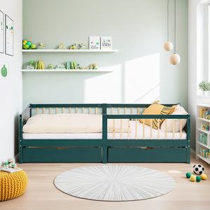 Kinderbett 90x200 cm Grün | Holzbett mit Matratze | 2 Bettkästen | Rausfallschutz