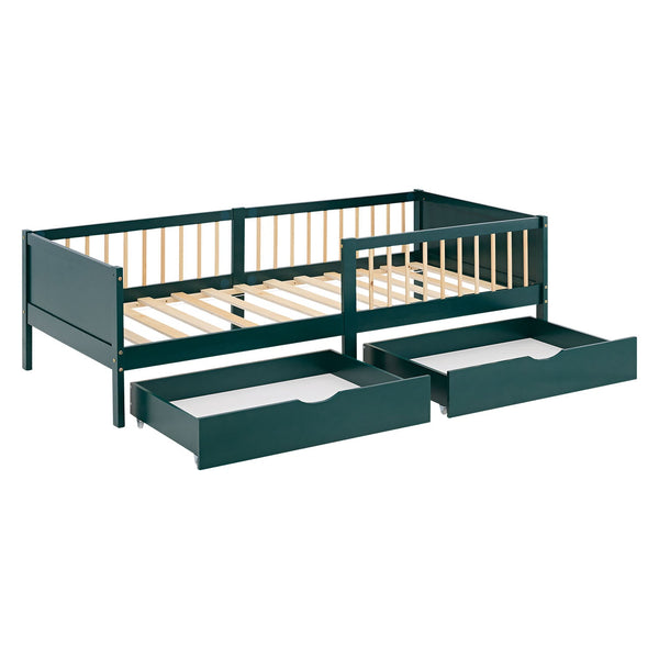 Kinderbett 90x200 cm Grün | Holzbett mit Matratze | 2 Bettkästen | Rausfallschutz