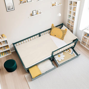 Kinderbett 90x200 cm Grün | Holzbett mit Matratze | 2 Bettkästen | Rausfallschutz