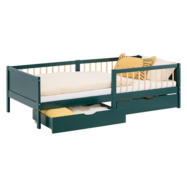 Kinderbett 90x200 cm Grün | Holzbett mit Matratze | 2 Bettkästen | Rausfallschutz