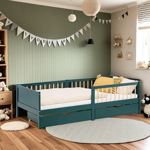 Kinderbett 90x200 cm Grün | Holzbett mit Matratze | 2 Bettkästen | Rausfallschutz