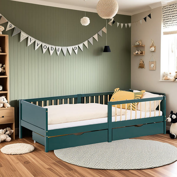 Kinderbett 90x200 cm Grün | Holzbett mit Matratze | 2 Bettkästen | Rausfallschutz