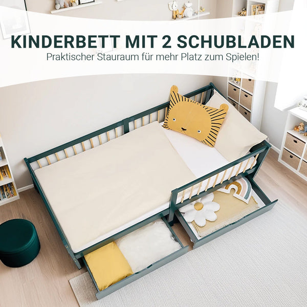 Kinderbett 90x200 cm Grün | Holzbett mit Matratze | 2 Bettkästen | Rausfallschutz