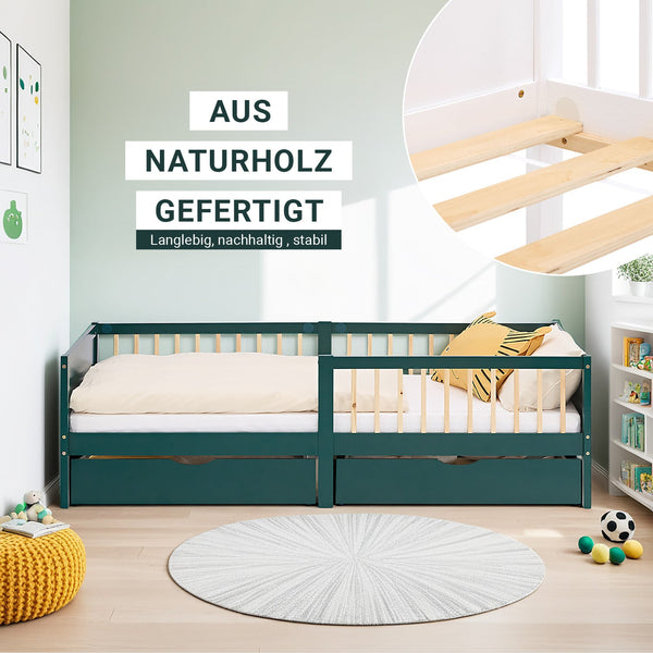 Kinderbett 90x200 cm Grün | Holzbett mit Matratze | 2 Bettkästen | Rausfallschutz
