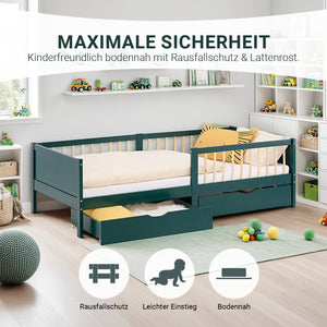 Kinderbett 90x200 cm Grün | Holzbett mit Matratze | 2 Bettkästen | Rausfallschutz