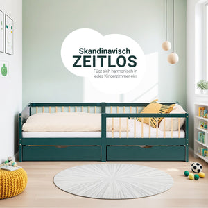 Kinderbett 90x200 cm Grün | Holzbett mit Matratze | 2 Bettkästen | Rausfallschutz