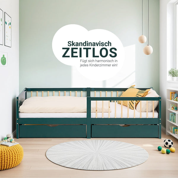 Kinderbett 90x200 cm Grün | Holzbett mit Matratze | 2 Bettkästen | Rausfallschutz