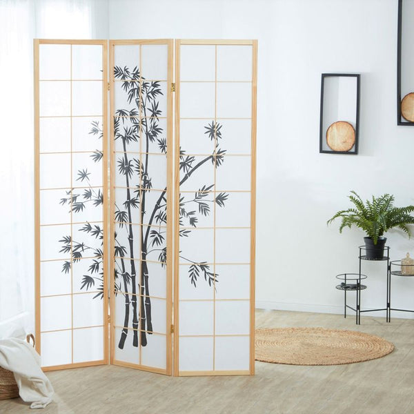 Paravent Natur Bambusmuster Aufdruck | 3 teilig | Holz | Raumteiler Trennwand Sichtschutz