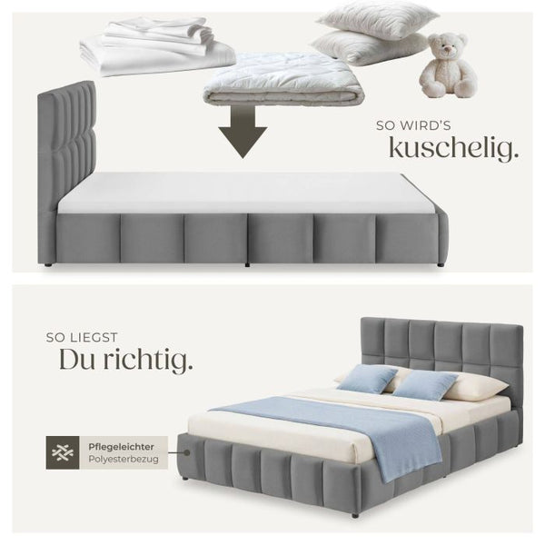 Bettset Polsterbett mit Matratze Samtoptik dunkelgrau 140 x 200 cm