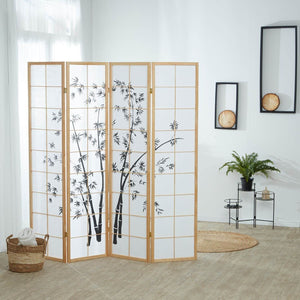 4 fach Holz Paravent Raumteiler 8036 natur Bambusmuster