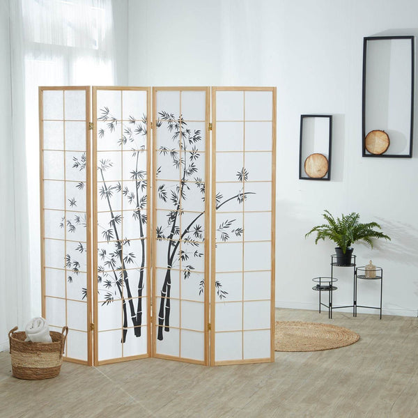 4 fach Holz Paravent Raumteiler 8036 natur Bambusmuster