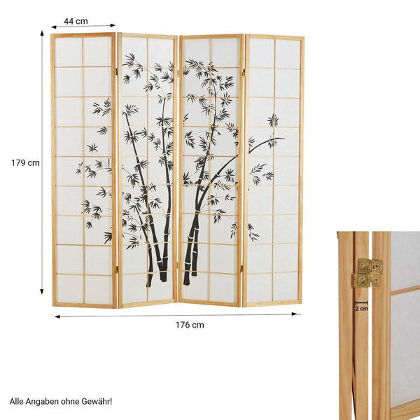 4 fach Holz Paravent Raumteiler 8036 natur Bambusmuster