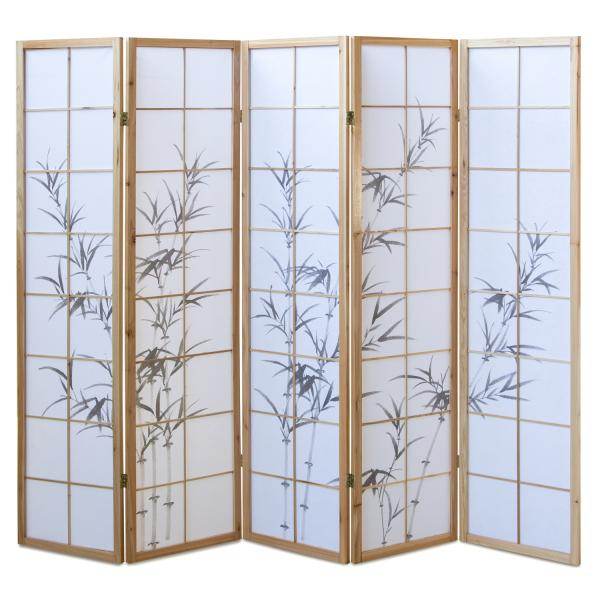 5 fach Holz Paravent Raumteiler natur Bambusmuster