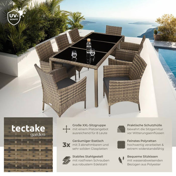 Rattan Sitzgruppe 8+1 mit Schutzhülle natur/dunkelgrau