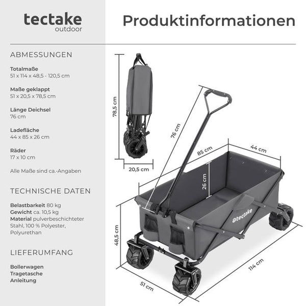 Faltbarer Bollerwagen max. 80kg, grau