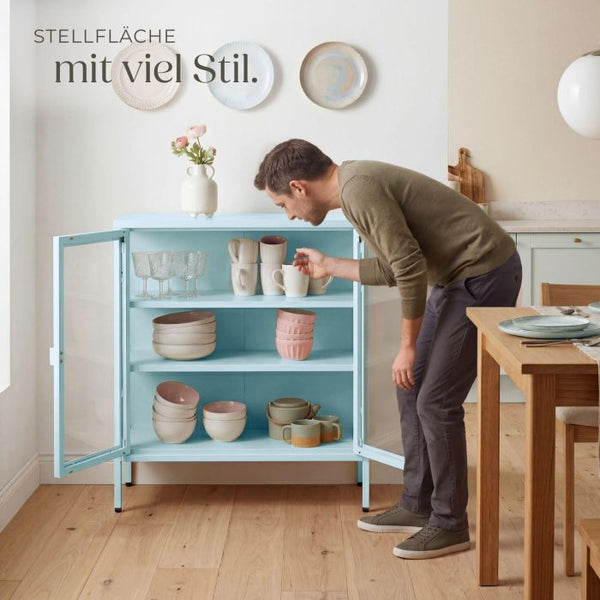 Metallvitrine Baker mit Glastüren grau/blau