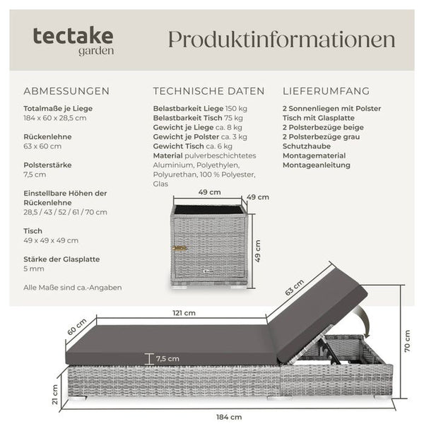 2er Set Aluminium Rattan Sonnenliegen hellgrau