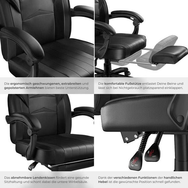 Racing office chair Comodo with footrest, black/black