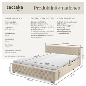 Bettset Polsterbett mit LED und Matratze Samtoptik sand 180 x 200 cm