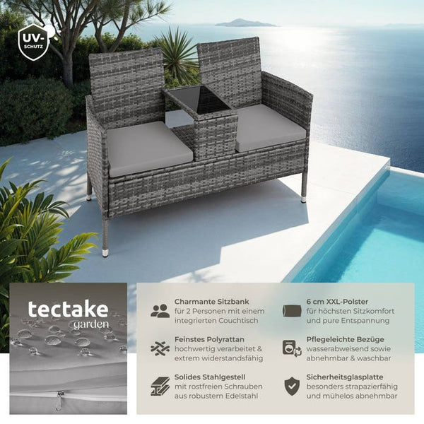 Rattan Gartensitzbank mit Tisch grau/hellgrau