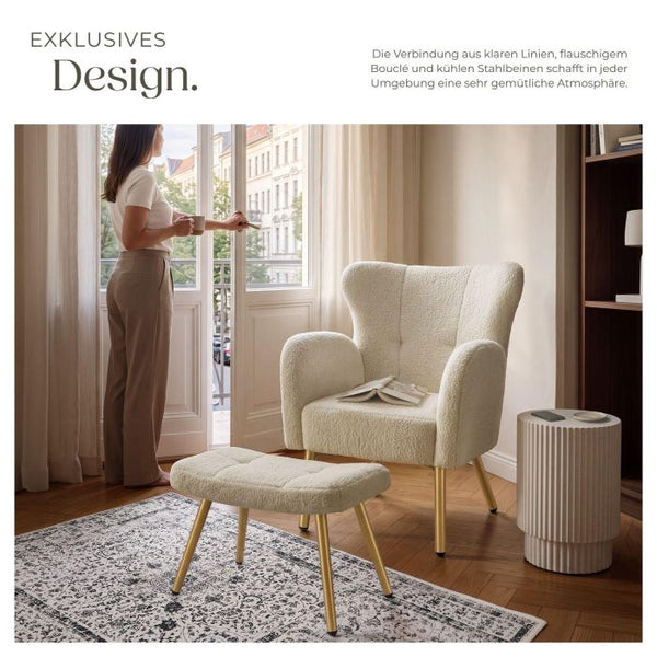 Sessel mit Hocker Vänersborg Bouclé creme/gold