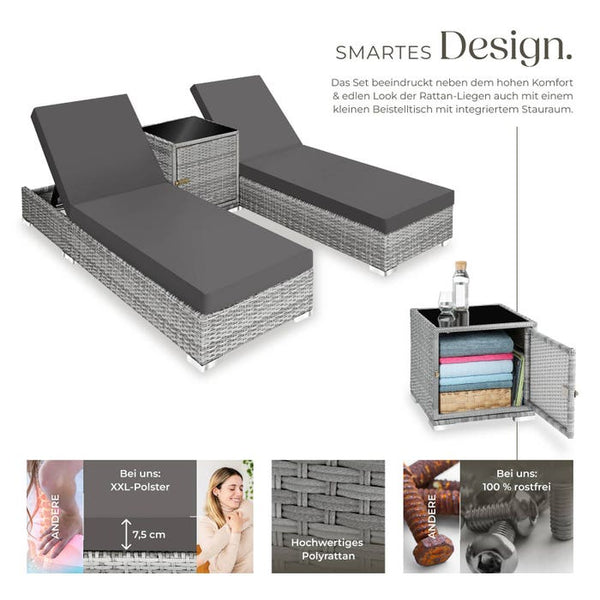 2er Set Aluminium Rattan Sonnenliegen hellgrau