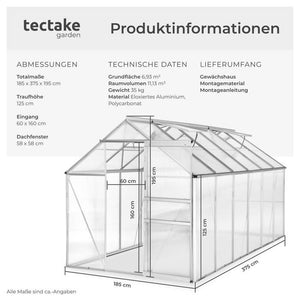 Gewächshaus ohne Fundament 375 x 185 x 195 cm