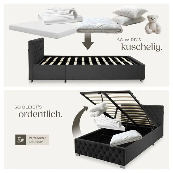 Polsterbett Sedona mit LED und Stauraum Samtoptik schwarz 120 x 200 cm