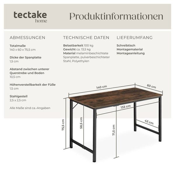 Schreibtisch Jenkins Industrial Holz dunkel, rustikal 140 cm